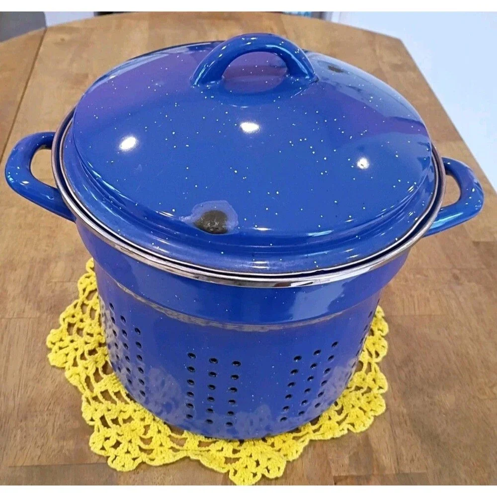 Blue Enamelware Pasta Strainer/Steamer 7.5 Inches Tall, 9.75 Inches Wide, 5 Qts?